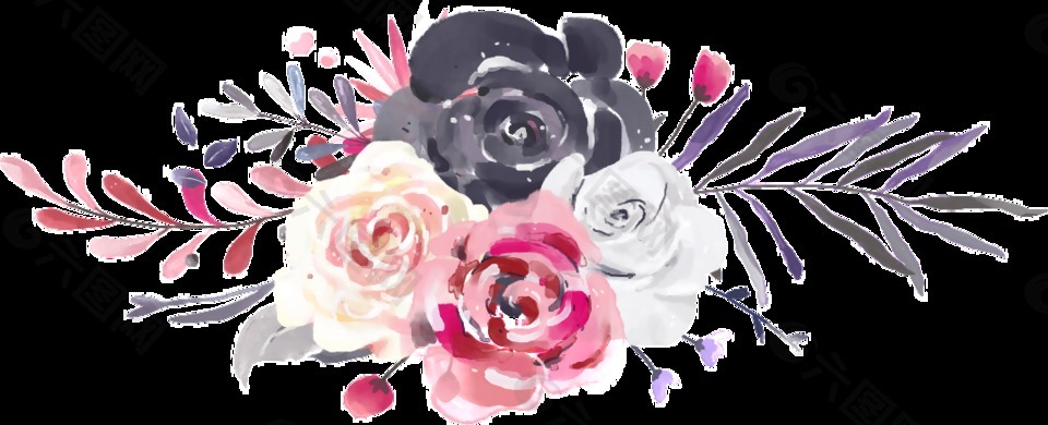 手绘三个颜色玫瑰花PNG透明素材