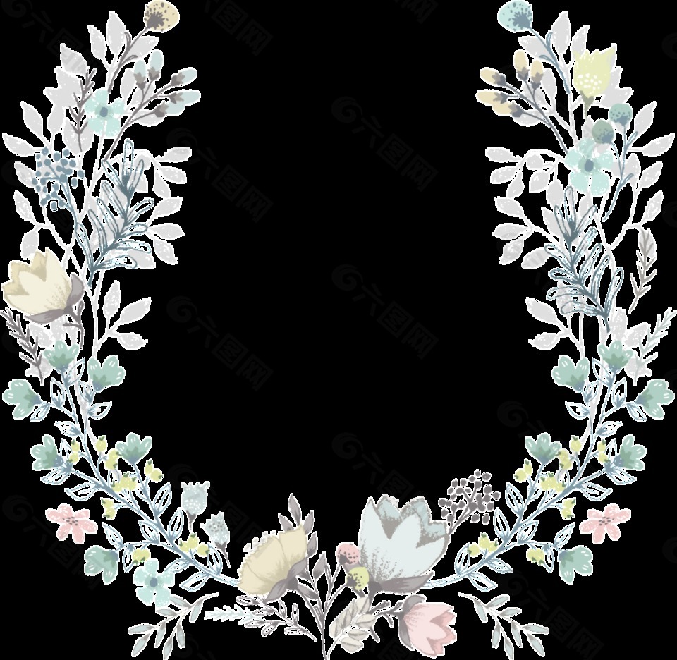 浅色花朵手绘花环装饰元素