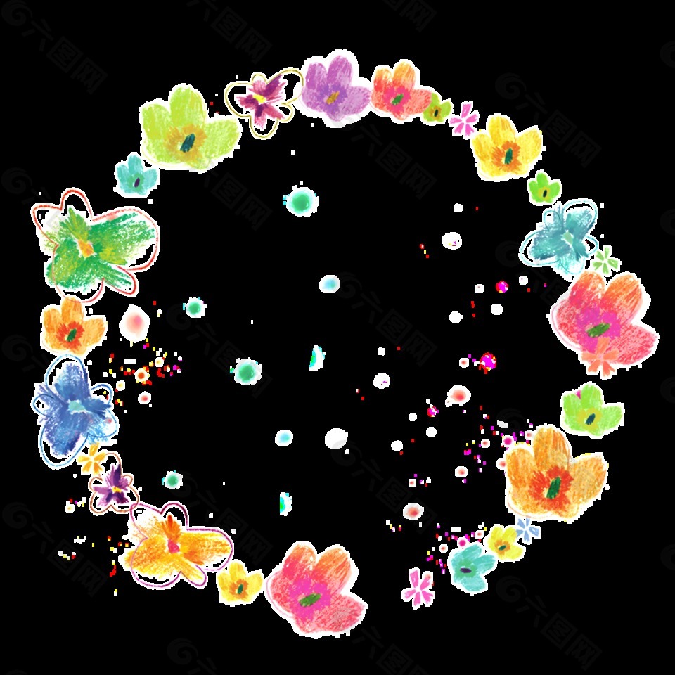 彩色花朵圆形手绘花环装饰元素