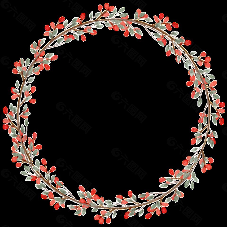 清新橙红色花朵圆形手绘花环装饰元素