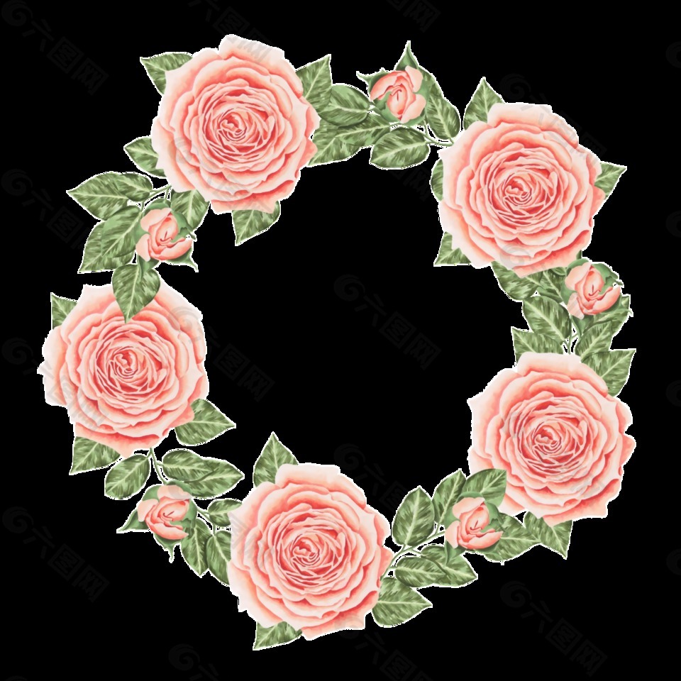 清新粉色玫瑰花手绘花环装饰元素