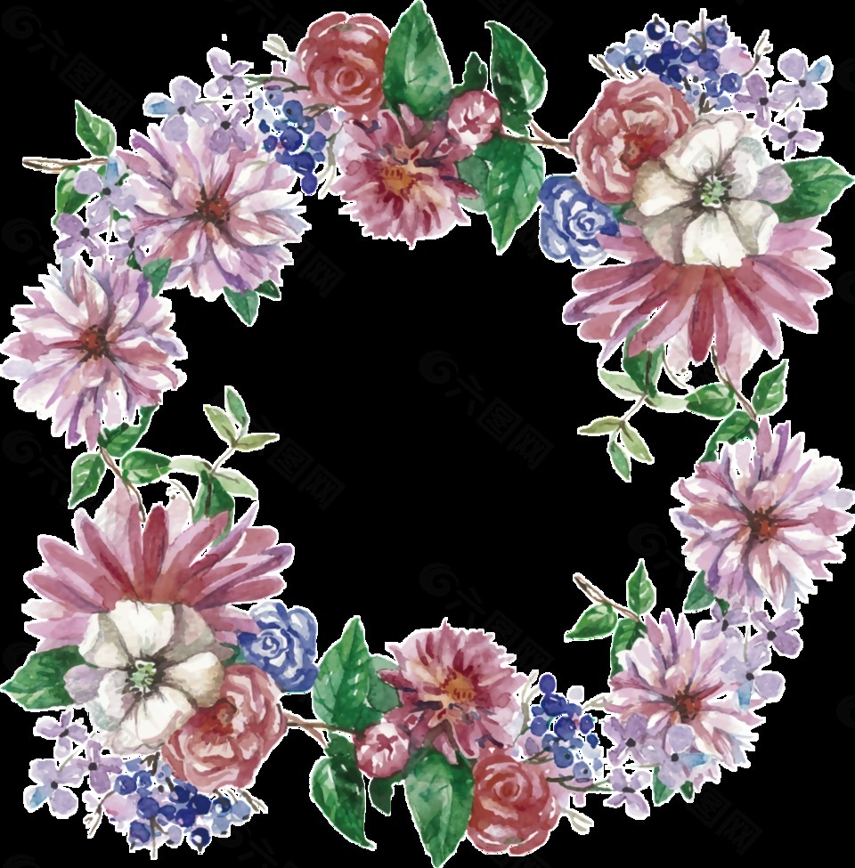 紫色花朵手绘花环装饰元素