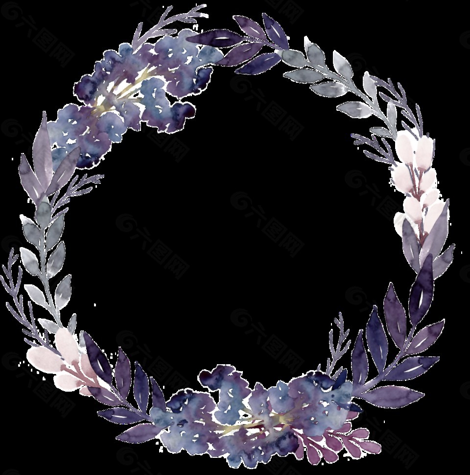 浪漫深紫色树叶手绘花环装饰元素