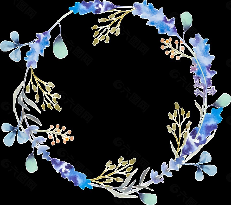 古风气质蓝色花瓣手绘花环装饰元素