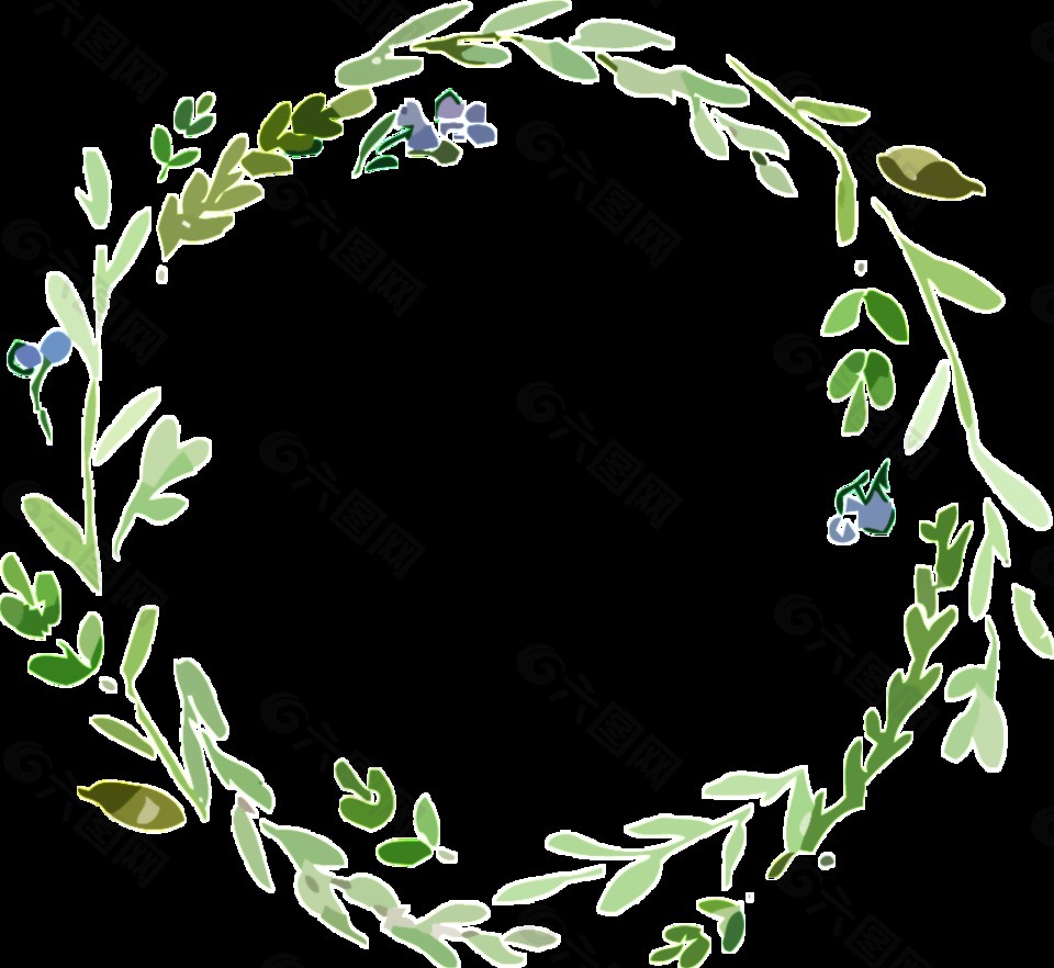 简约清新绿色树叶手绘花环装饰元素