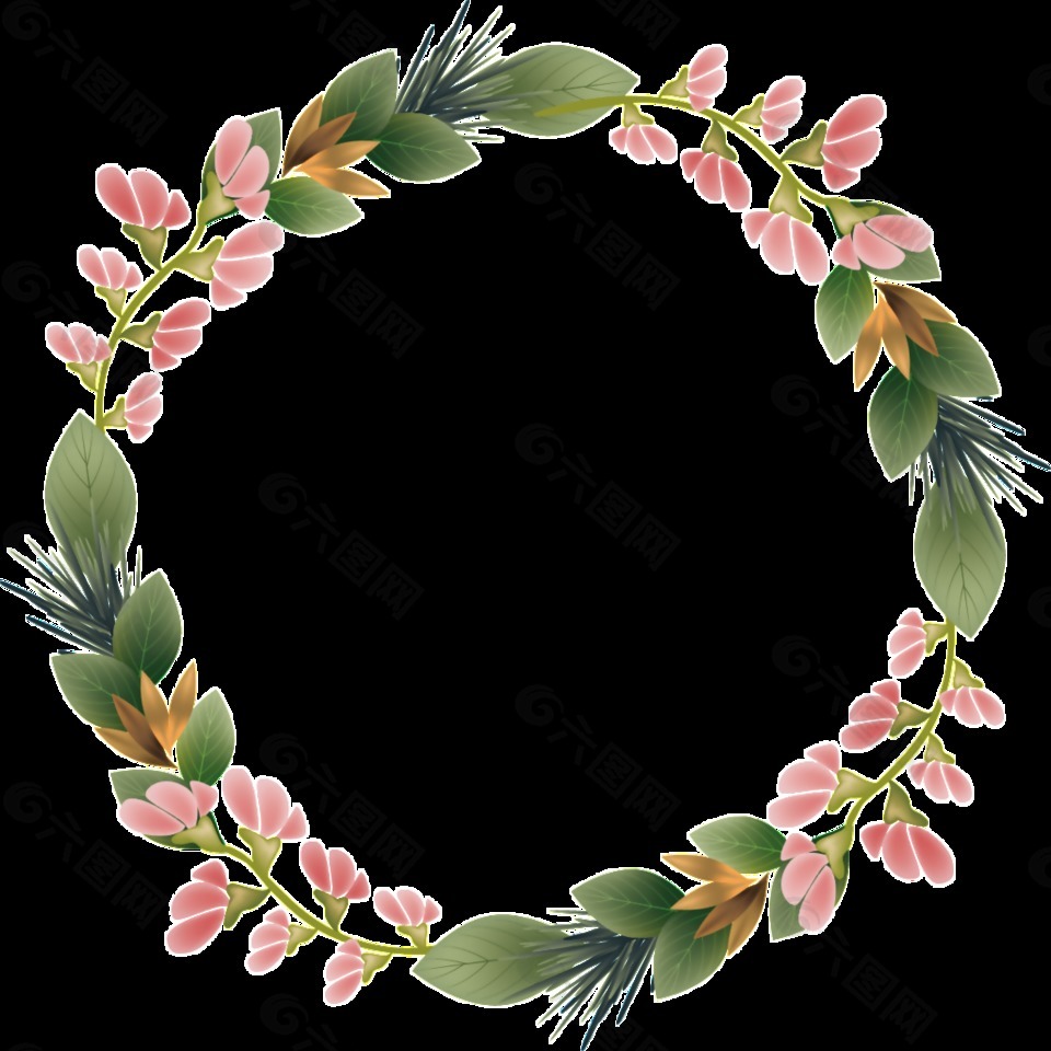 清新自然粉色小花手绘花环装饰元素