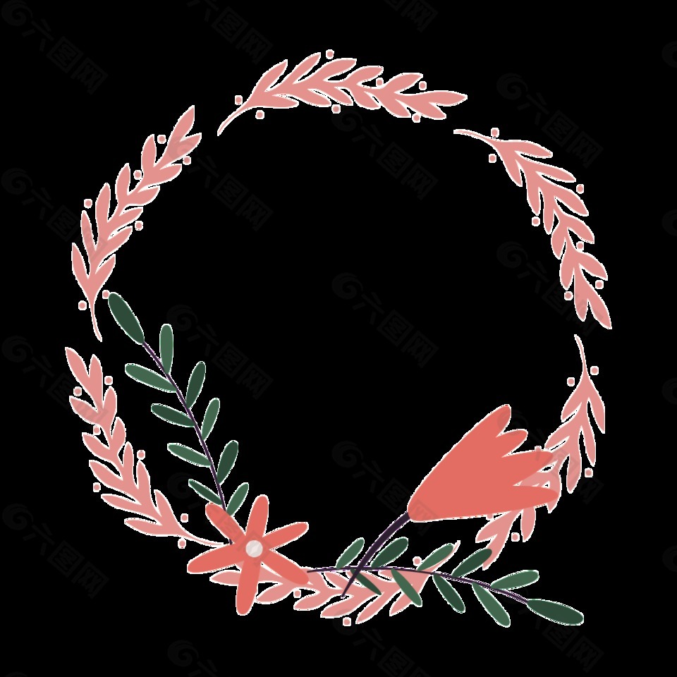 淡雅深粉色叶子手绘花环装饰元素