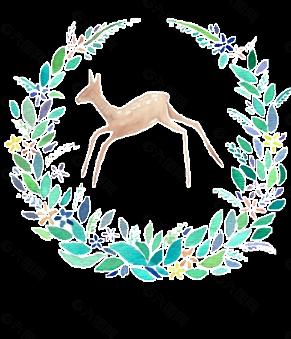 可爱麋鹿手绘花环装饰图案
