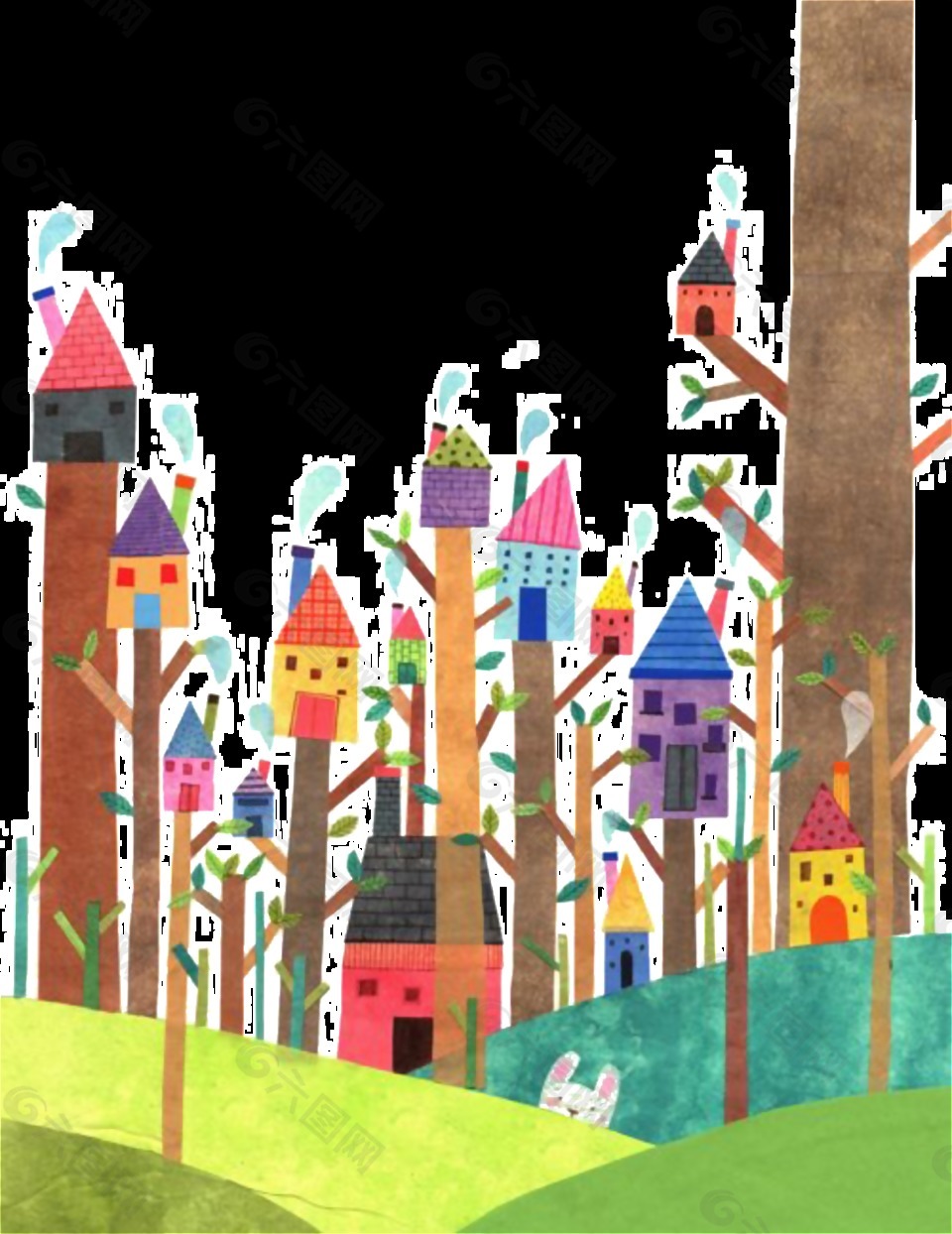 创意童话树林城堡图案