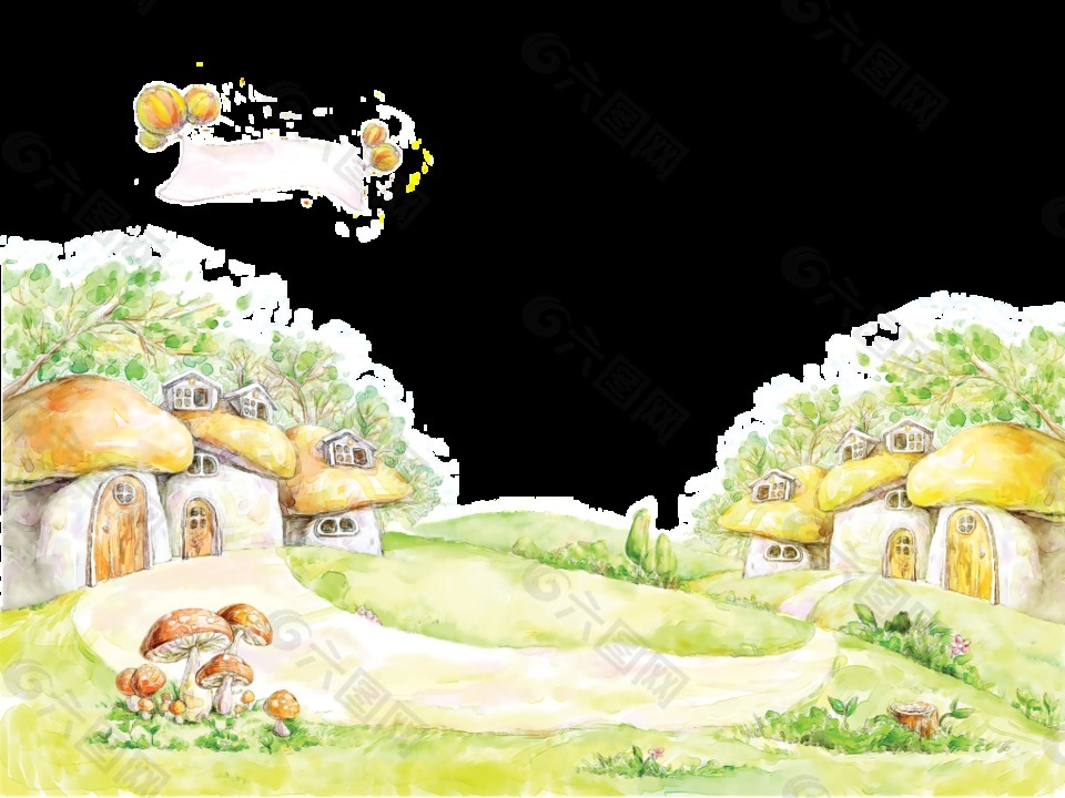 彩绘童话蘑菇城堡草地元素