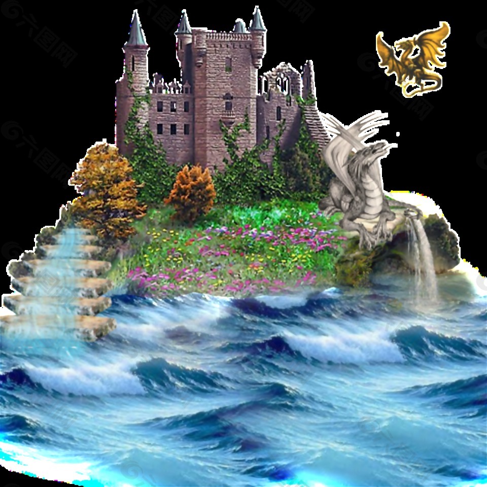 彩绘童话城堡流水图案元素