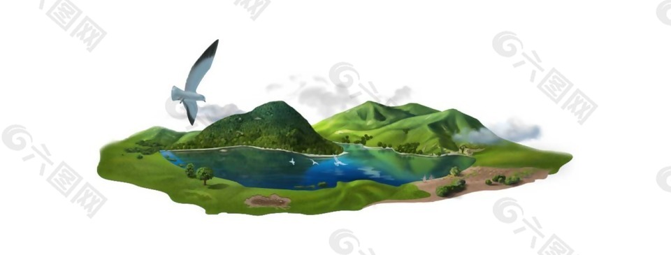 卡通绿色小岛景色png元素
