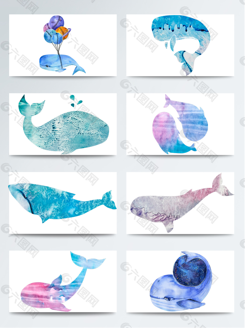 水彩蓝色鲸鱼免扣素材合集