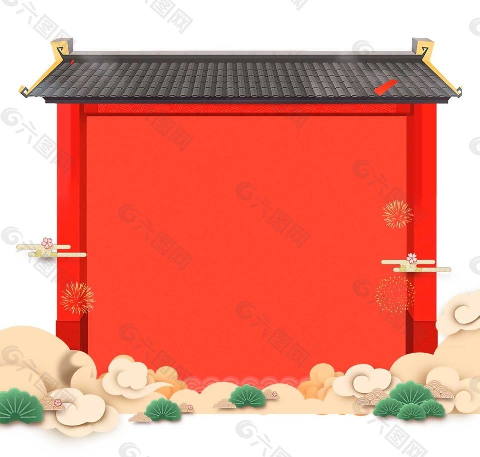 卡通中国红墙png元素