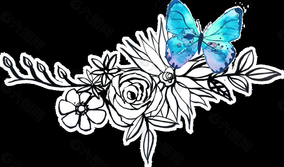 蓝色蝴蝶可爱透明花朵装饰