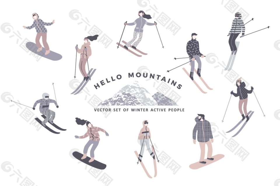 手绘各种姿态滑雪矢量素材