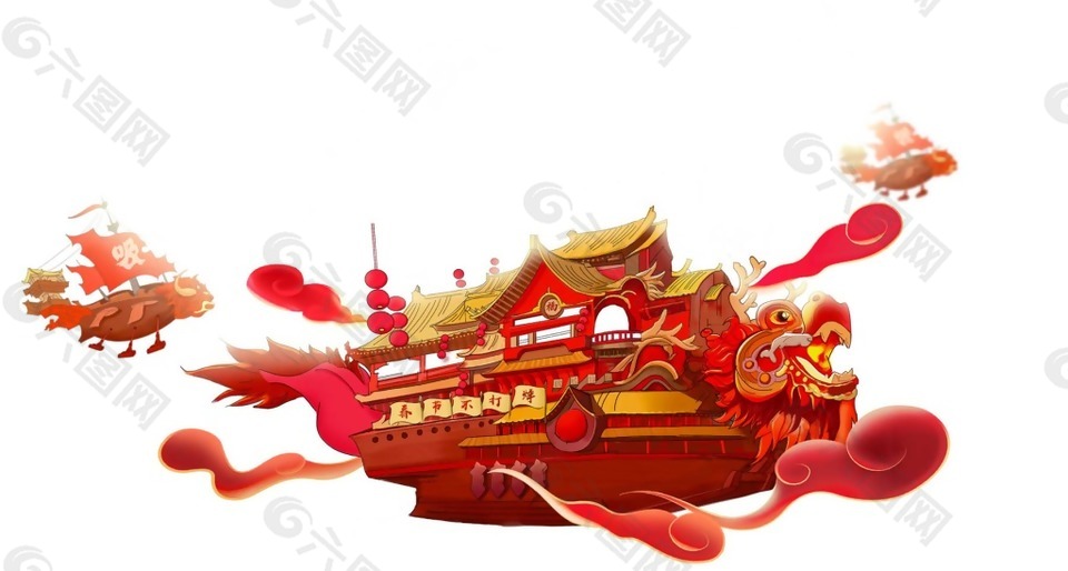 卡通红色龙船春节促销png元素