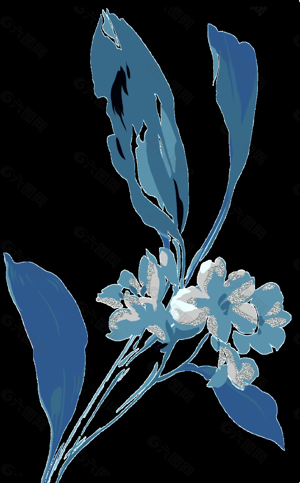 水墨彩绘蓝色花朵元素