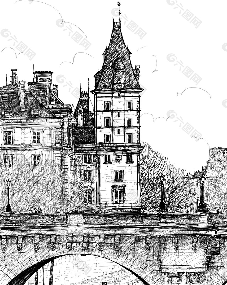黑白素描建筑插画