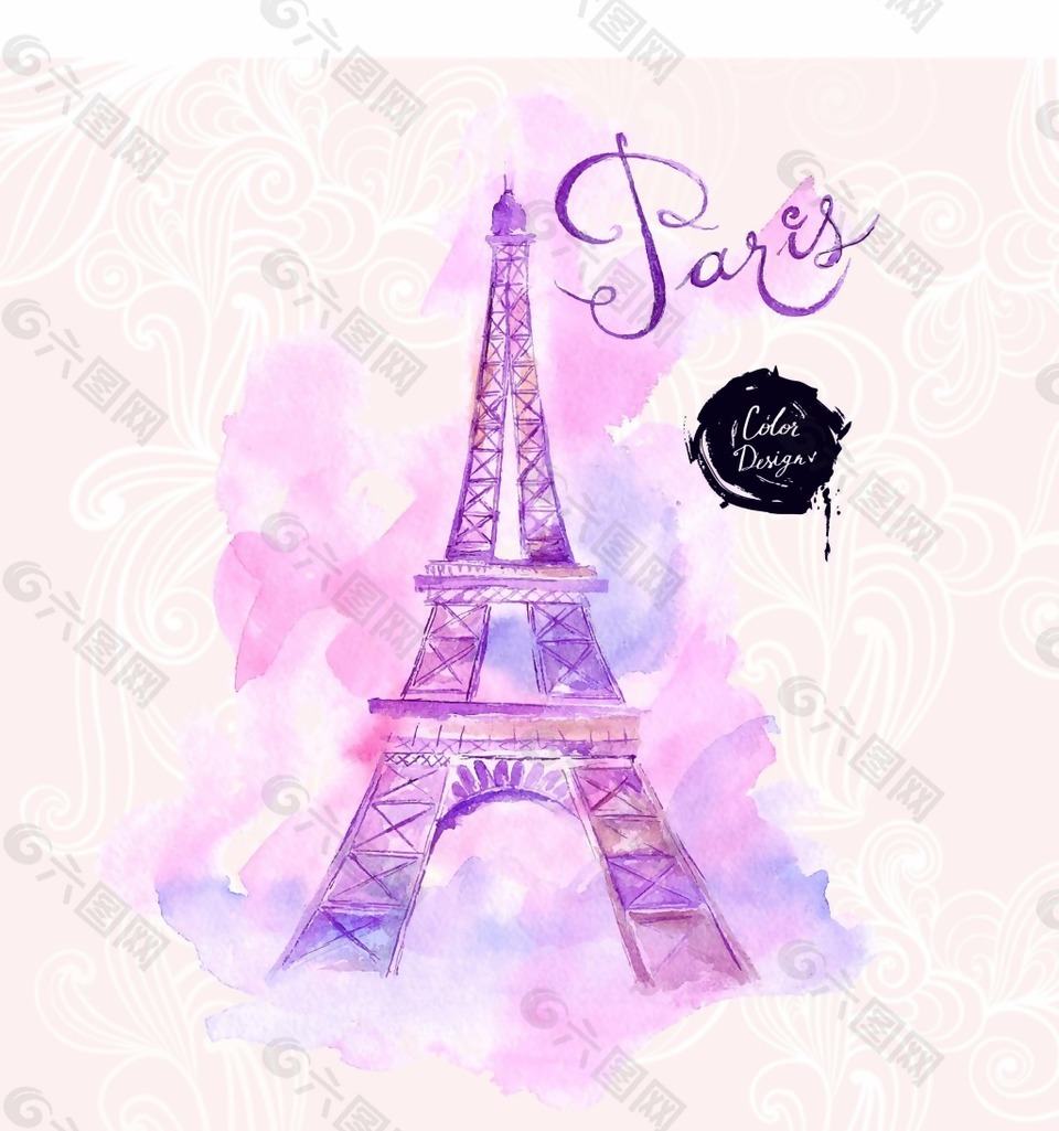 紫色水彩绘浪漫的铁塔插画