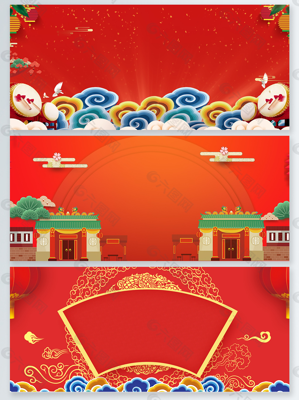 2018新年中国风物品扇面psd红色背景