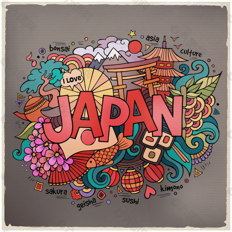 卡通趣味日本旅行插画