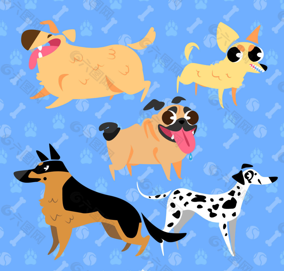 卡通创意可爱五只小狗设计素材