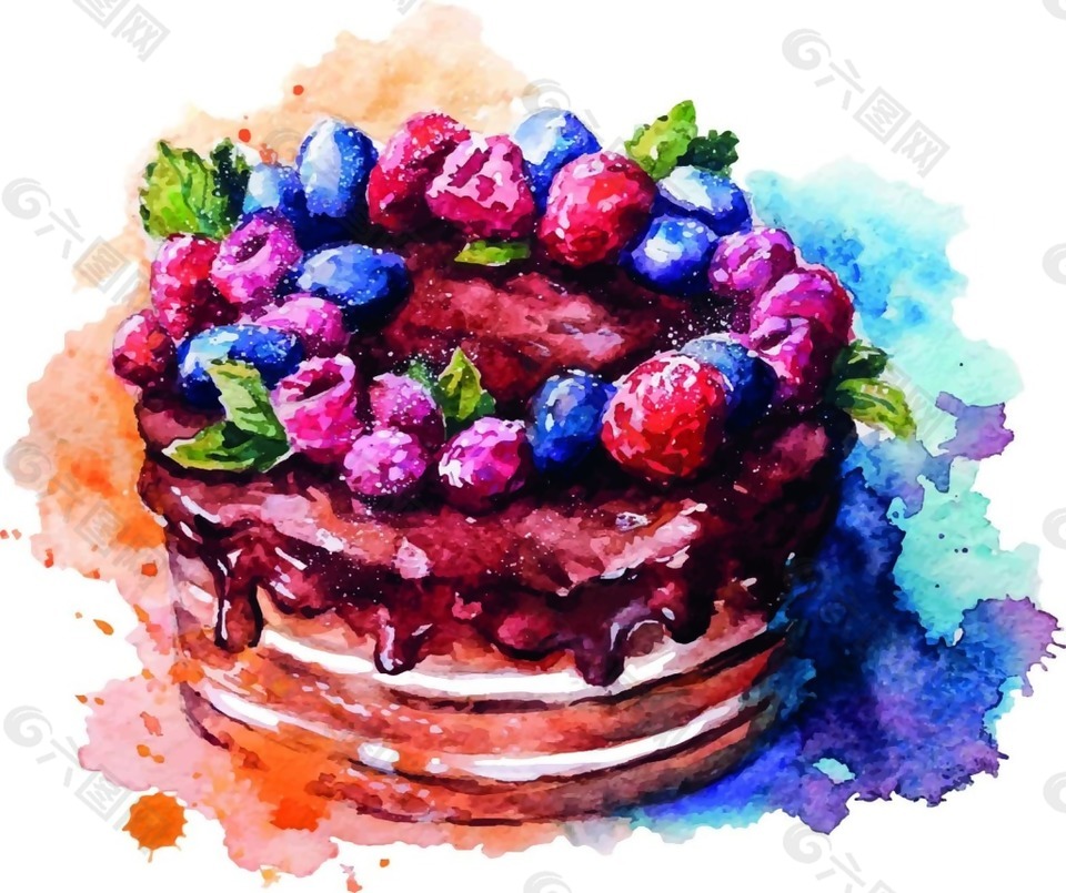 水彩绘美味的水果蛋糕插画