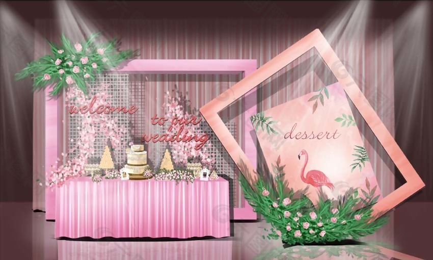 粉色火烈鸟主题婚礼甜品区区