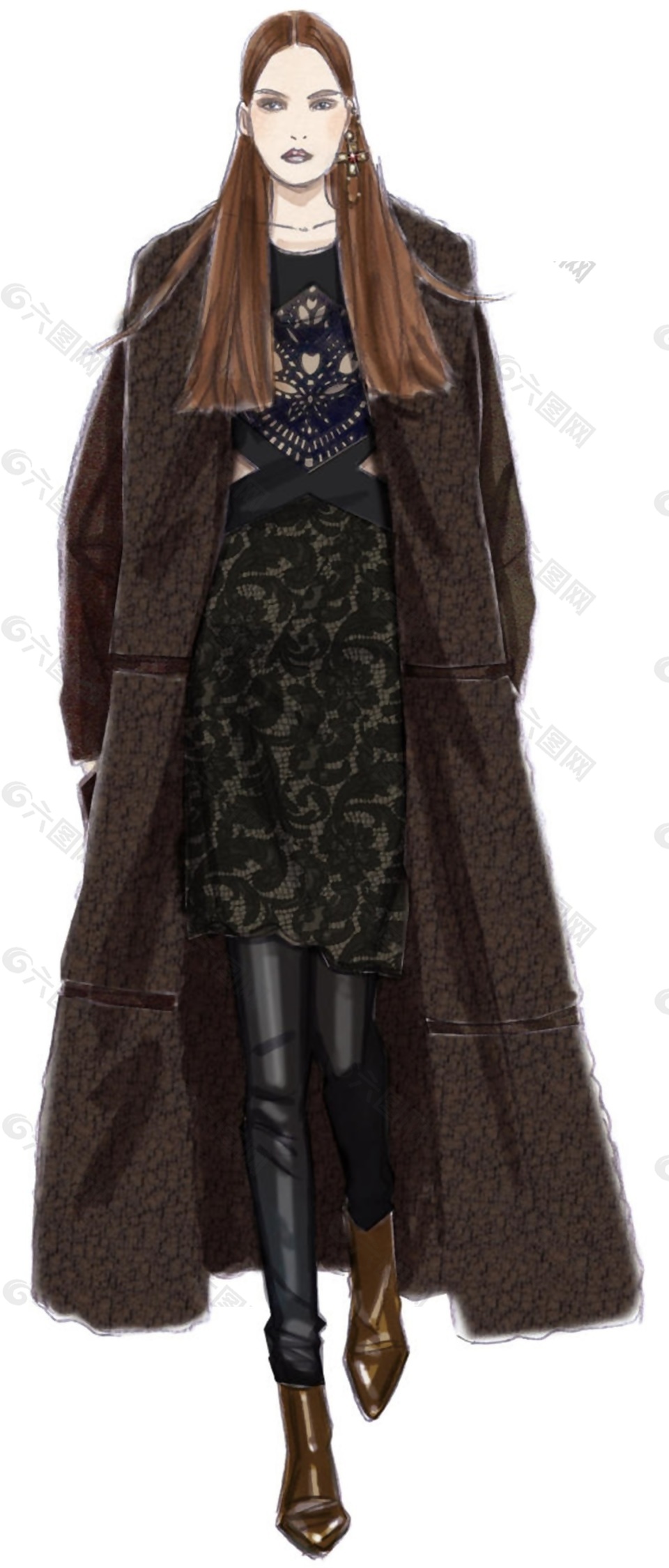 时尚霸气褐色长外套女装效果图