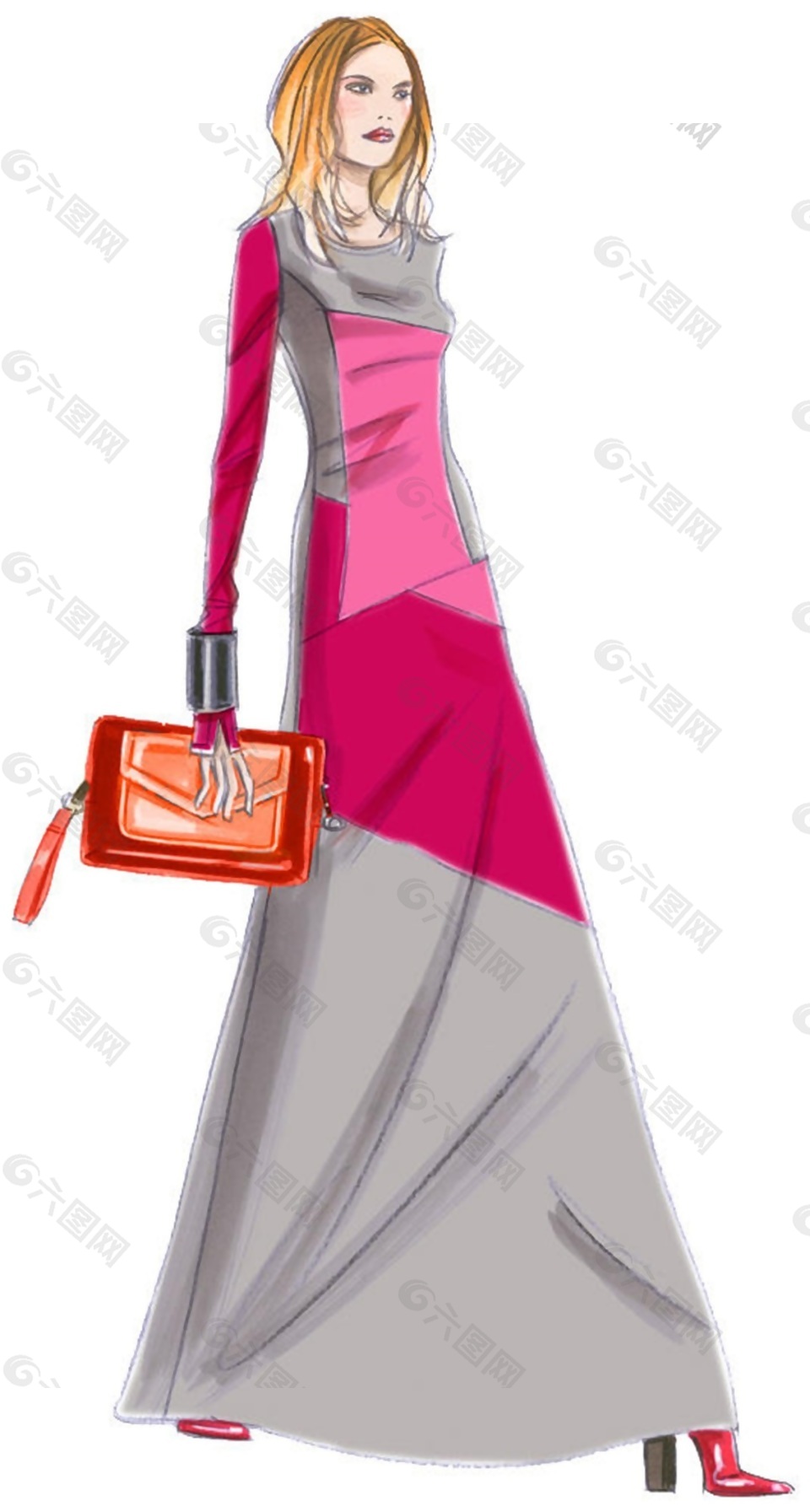 气质粉色连衣裙女装效果图