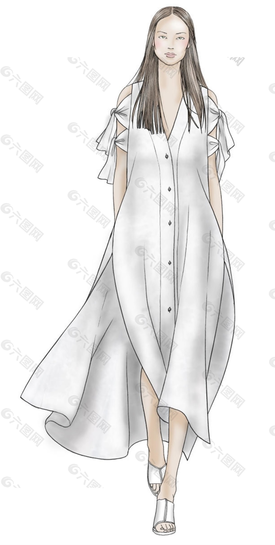 简约白色衬衫长裙女装效果图
