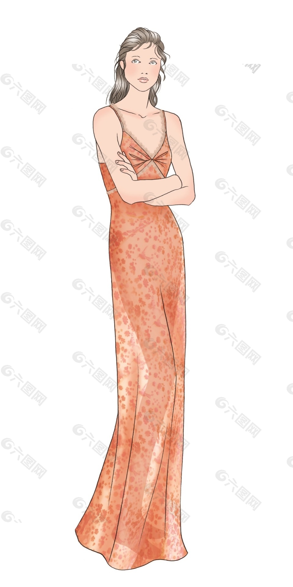 时尚橙色花纹长裙女装效果图
