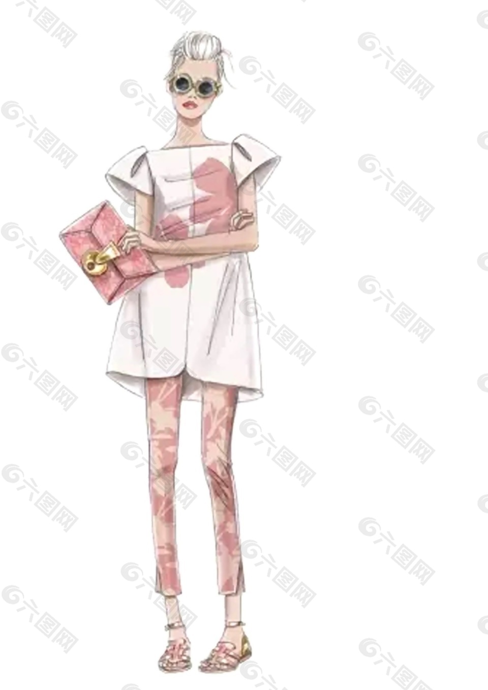 时尚粉色花纹短袖女装效果图