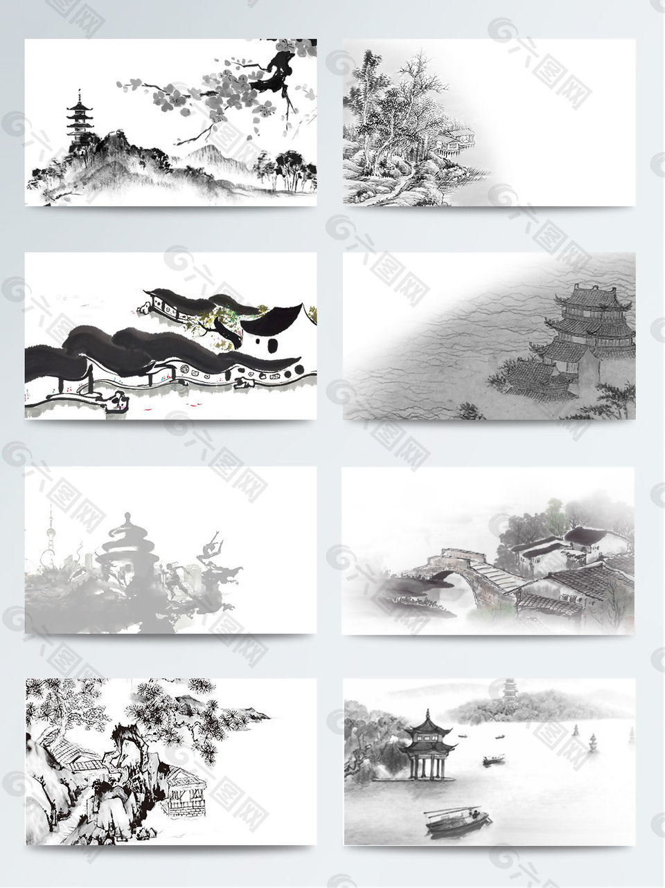 中国古典水墨风建筑装饰图案素材