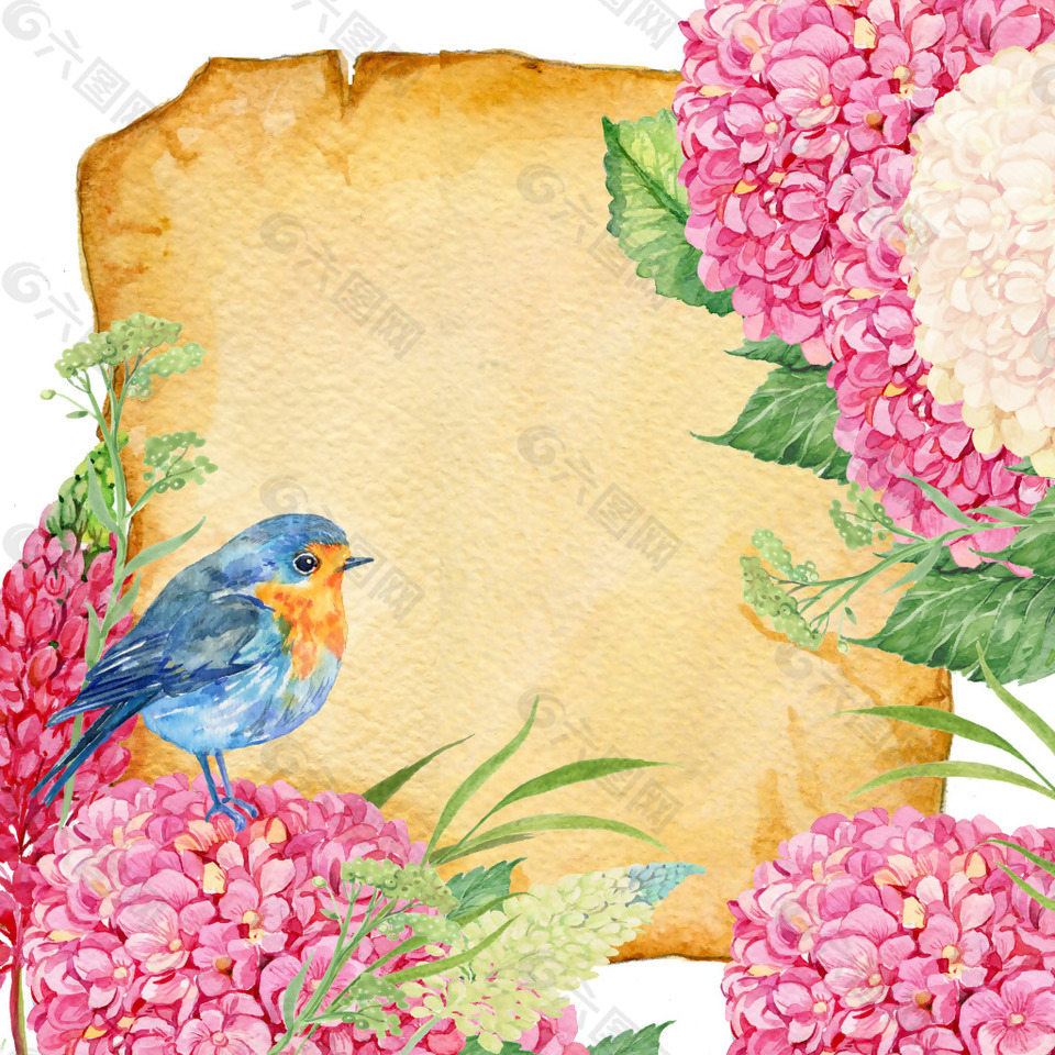 手绘绣球花下的小鸟墙纸JPG背景素材