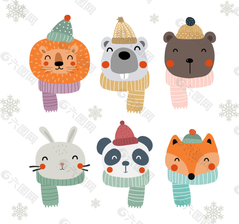 冬日卡通戴围巾的动物图案