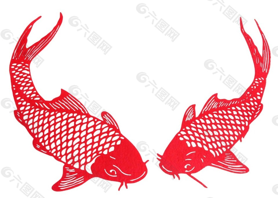 卡通红色剪纸鲤鱼png元素