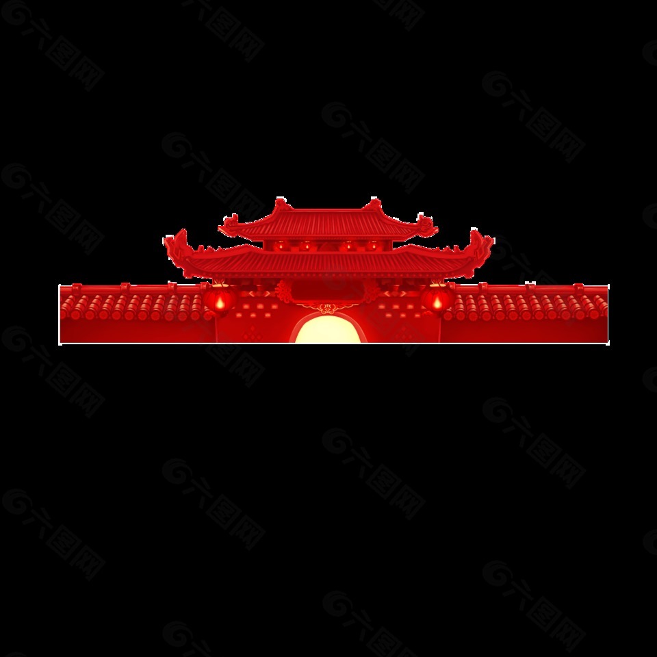 红色喜庆古典城楼装饰素材