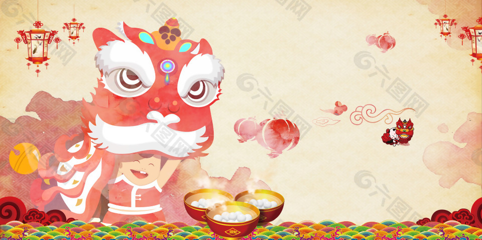 中国风舞狮表演欢聚元宵主题海报背景
