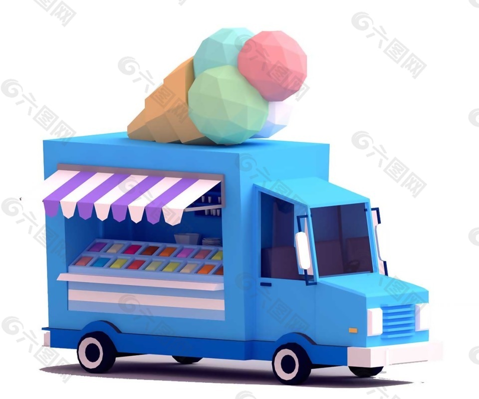 卡通蓝色冰淇淋车png元素