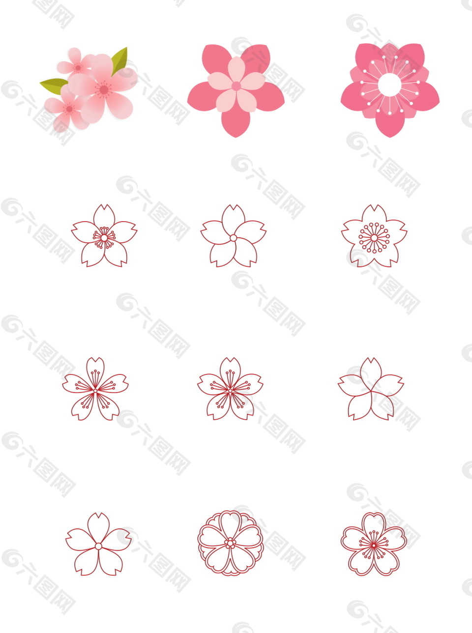 简约清新粉色线条手绘卡通花朵桃花元素