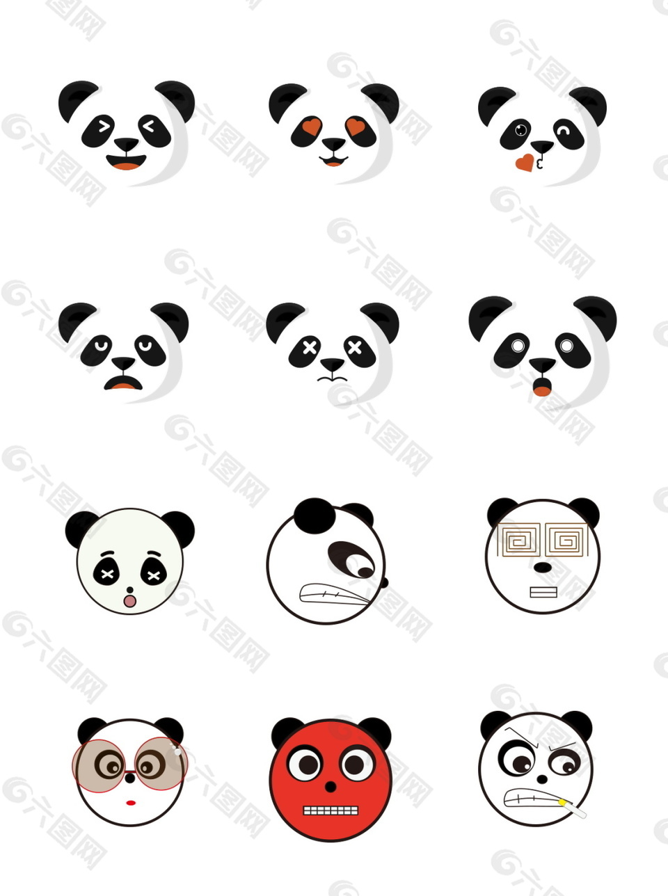卡通熊猫图案装饰表情包集合设计模板