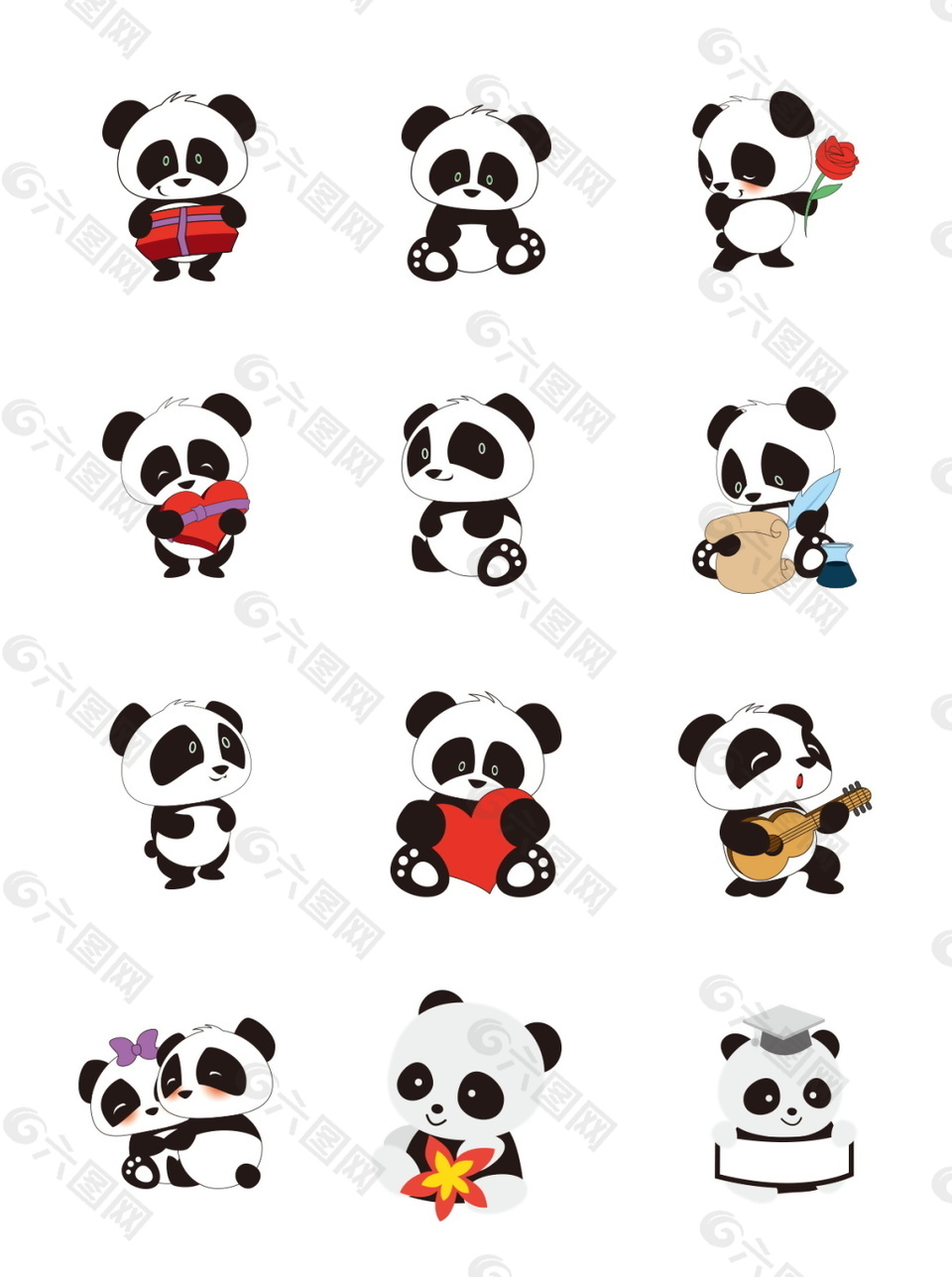 卡通熊猫元素图案集合设计模板