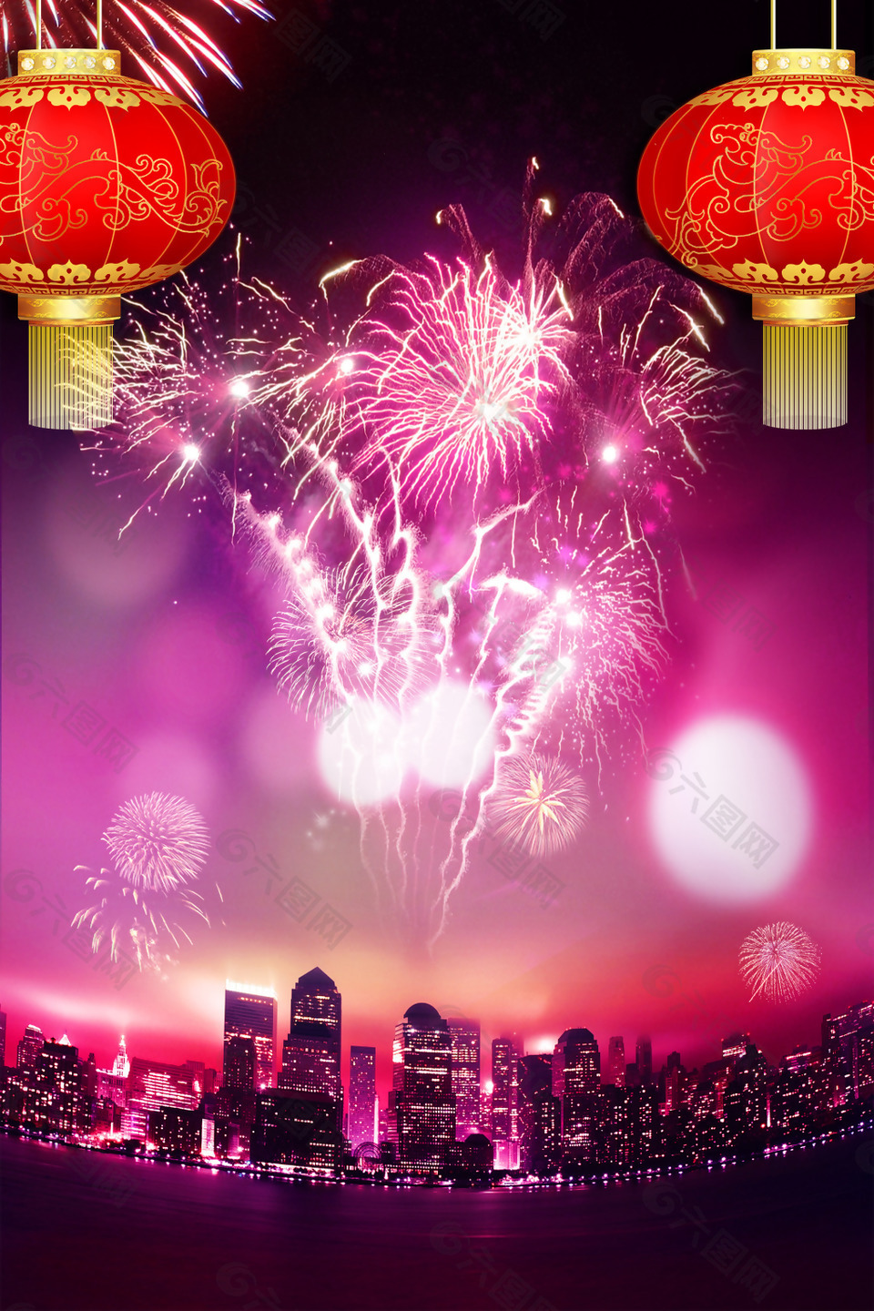灯笼烟花城市夜景新年背景
