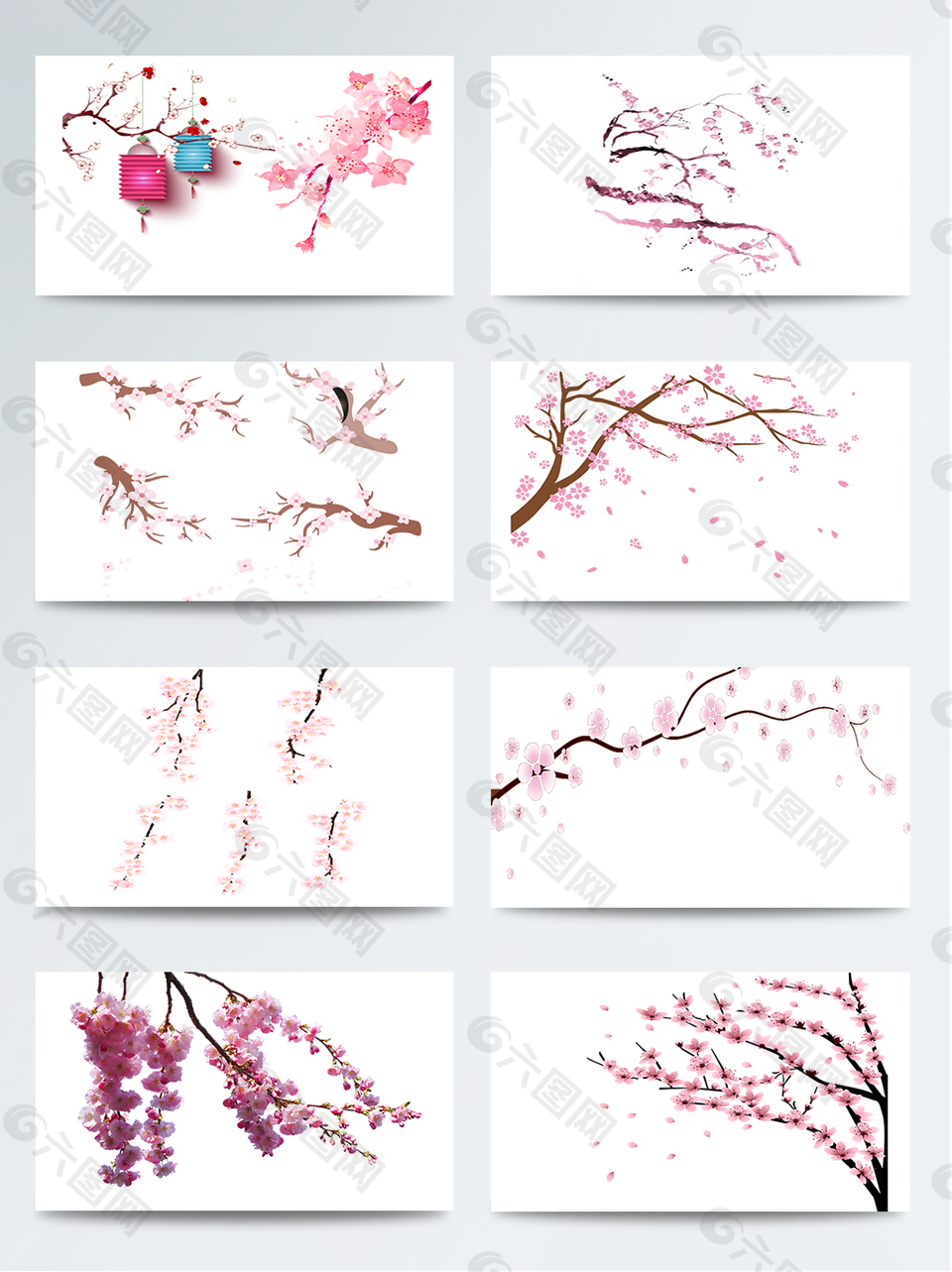 清新风格灯笼樱花树枝装饰元素