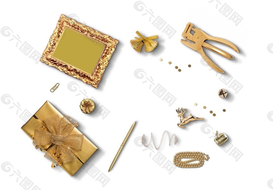 金色相框礼物盒麋鹿精致用具png元素