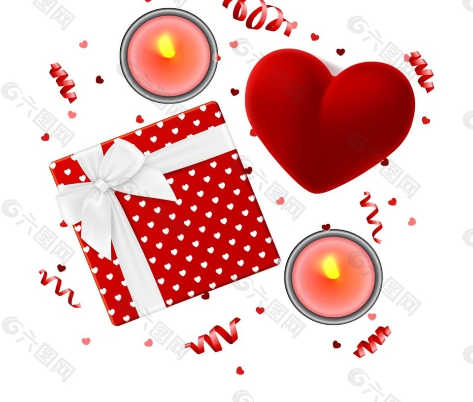 红色爱心礼物盒蜡烛png元素