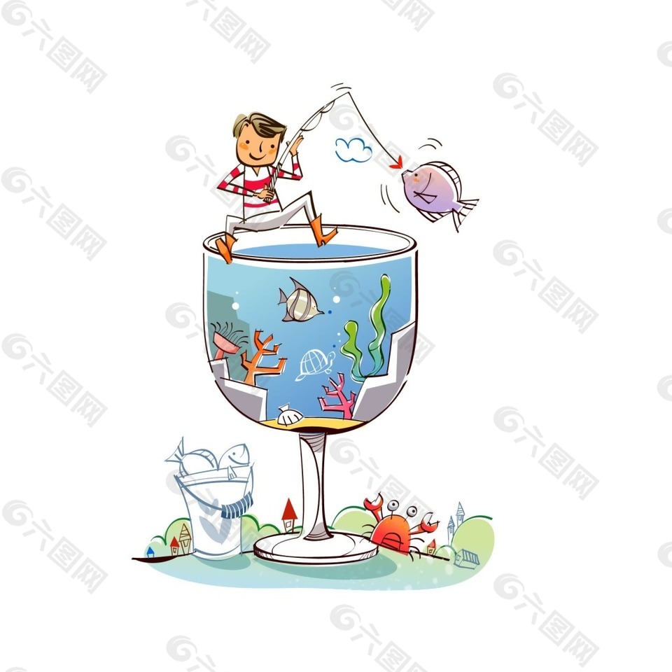 卡通梦幻男孩水杯钓鱼png元素