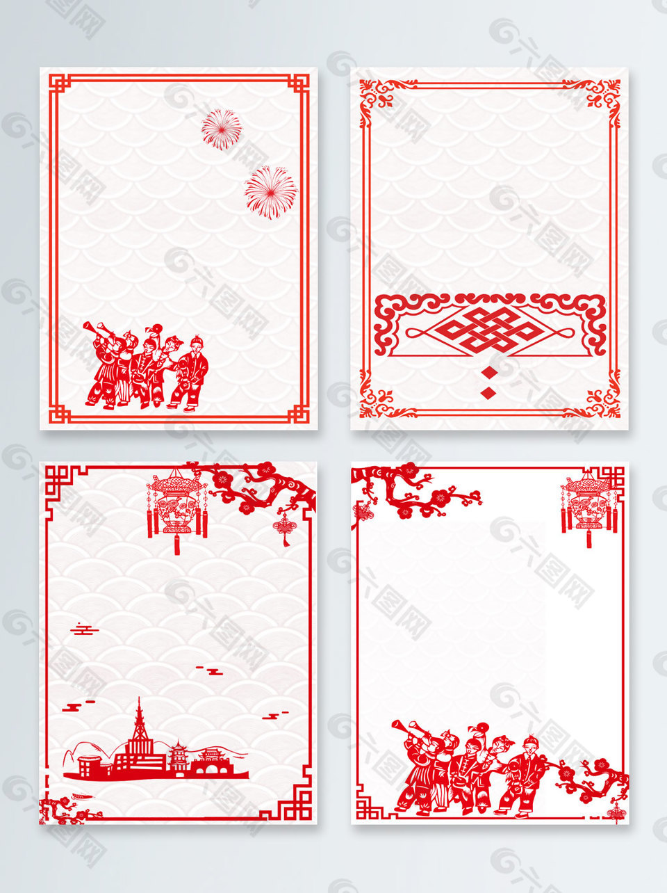 红色中国风通用剪纸轮船梅花边框背景